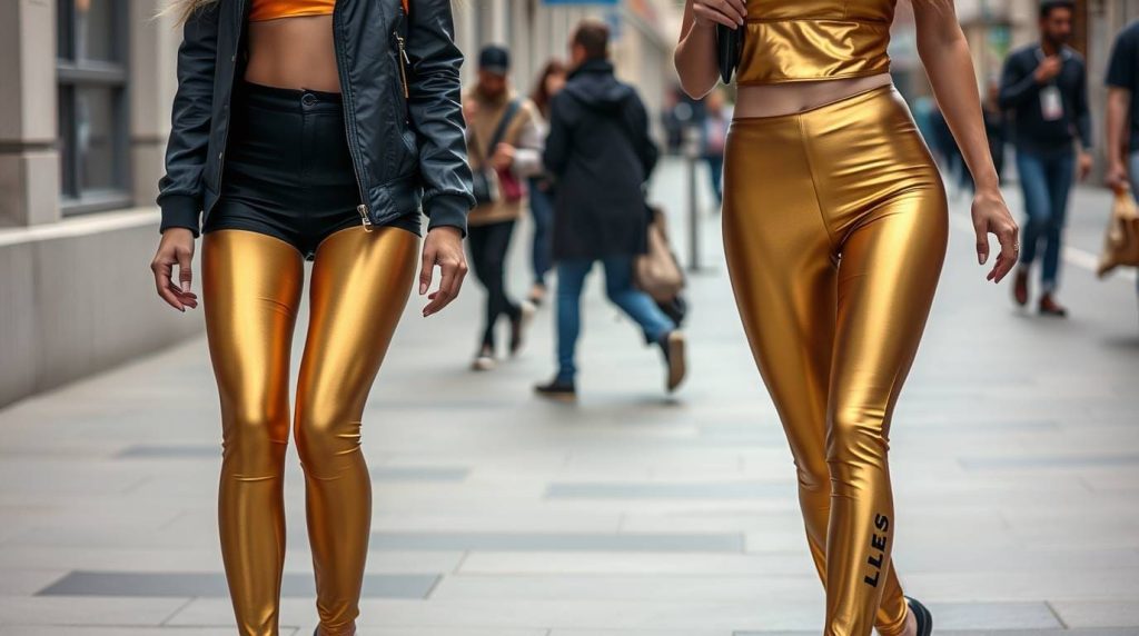 Dos mujeres paseando con leggins de color dorado o color oror