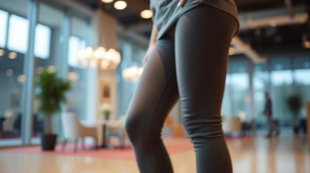 Una mujer en la oficina con unos leggins de color GRIS