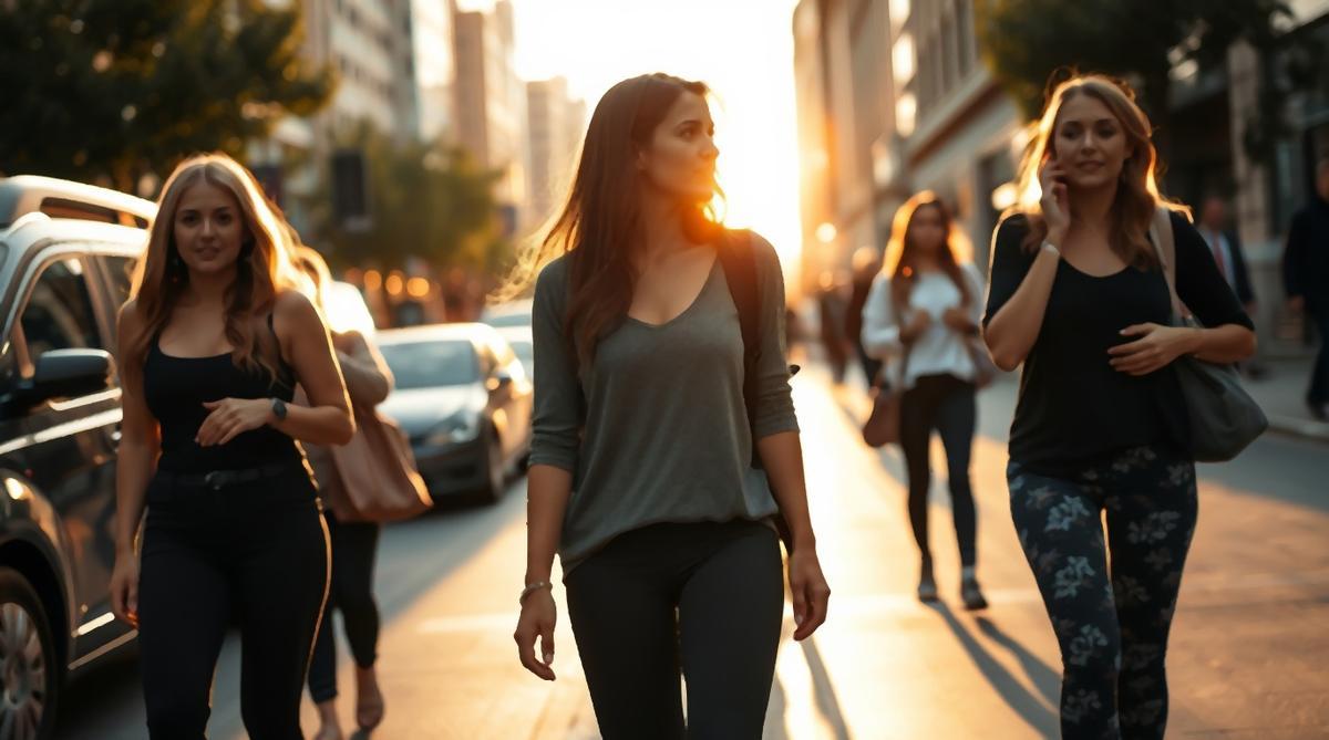 Tres mujeres caminando por calle con leggings